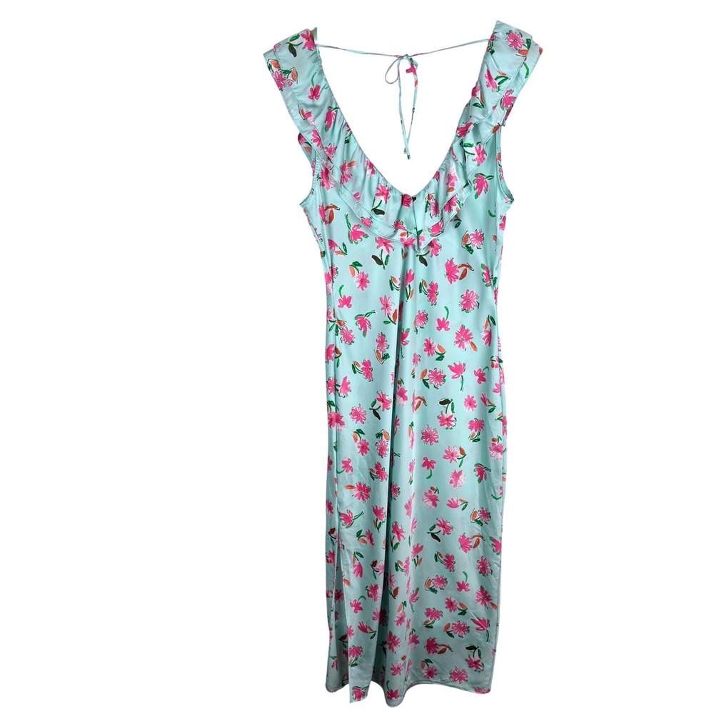 Zara Floral Print Satin Midi Slip Dress Womens L Ruffle Trim V Neck Green Pink